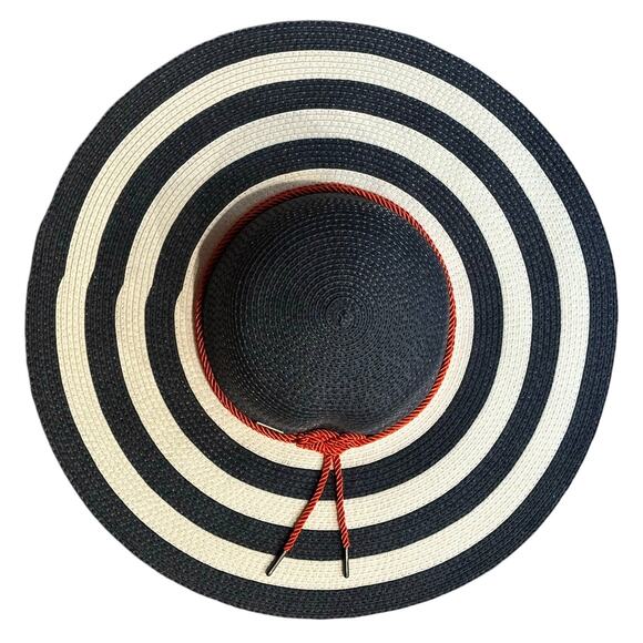 Striped Black and White Sun Hat with Red Accent - Picture 1 of 14